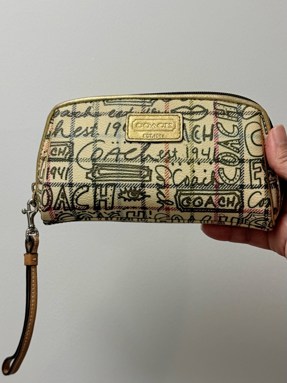 Y2K Coach Cream & Gold Signature Script Wristlet with Pink Accents